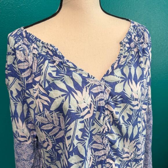 Sigrid Olsen 100% Linen Blue Botanical Long Sleeve Peasant Blouse Women's Large - Picture 9 of 10